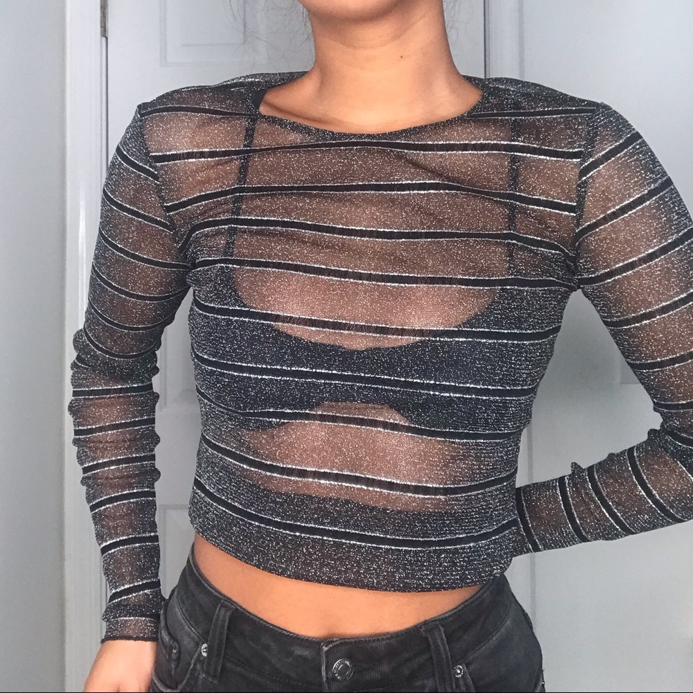 Sparkly glitter mesh sheer top
